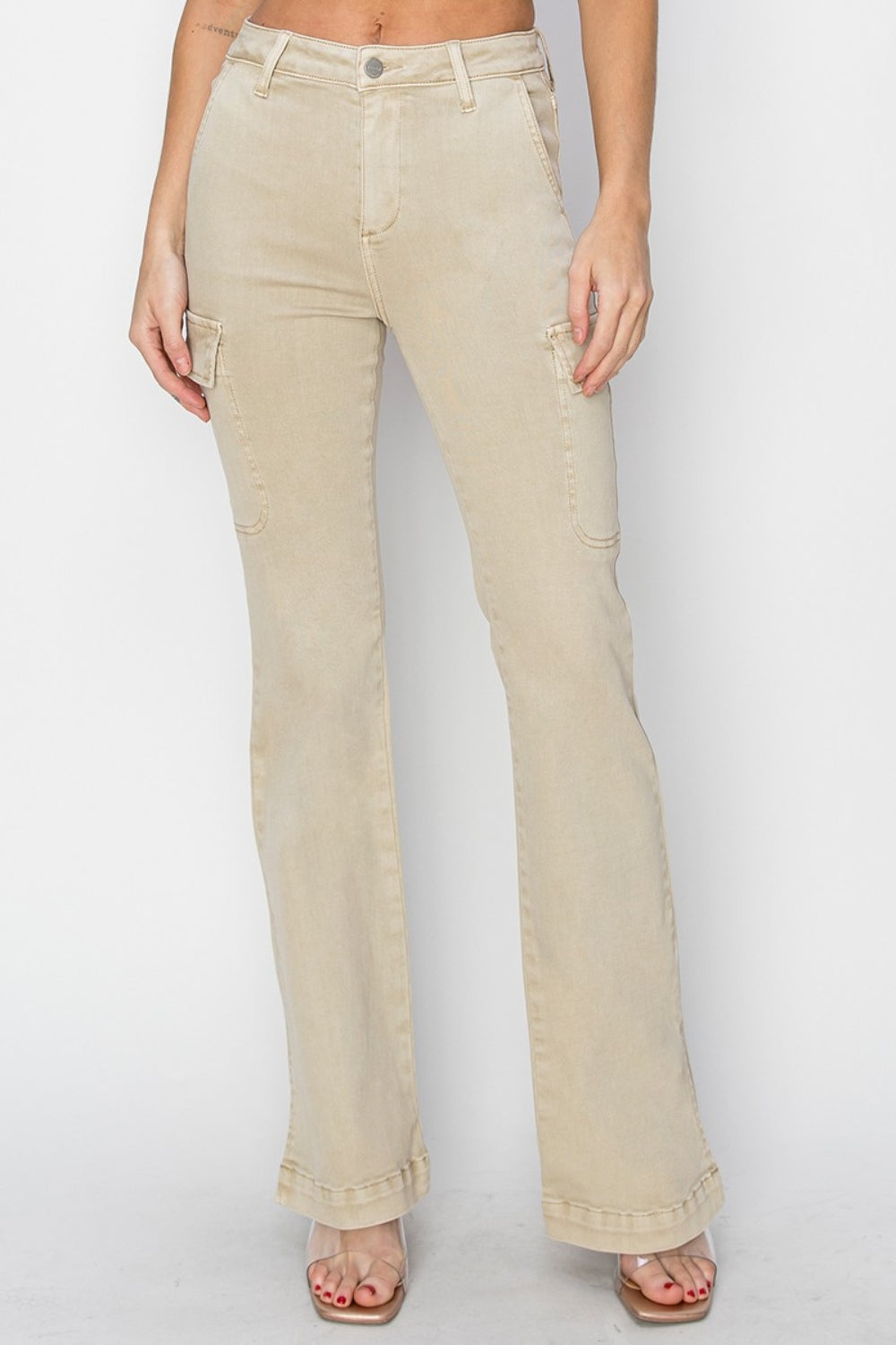 RISEN Full Size High Rise Side Slit Cargo Bootcut Jeans (Stone)