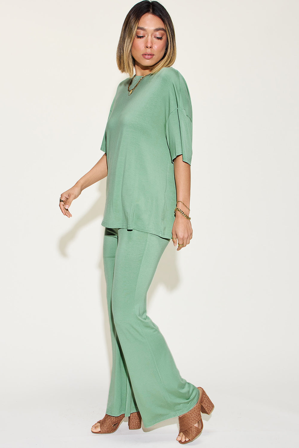 Basic Bae Bamboo Relaxed T-Shirt and Flared Pants Set