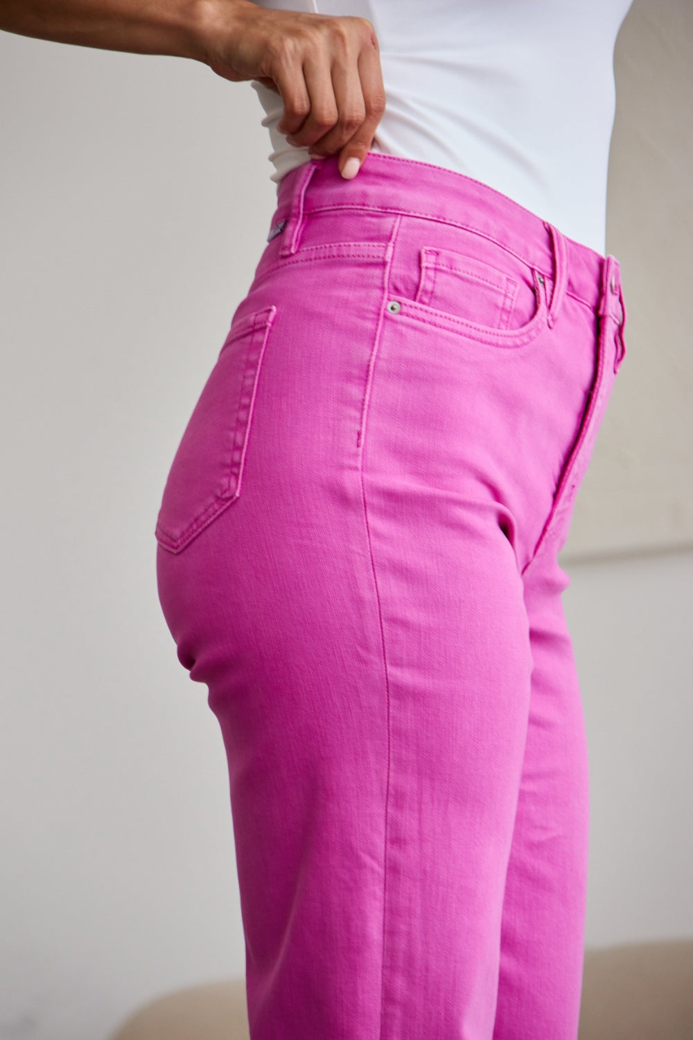 RFM Crop Chloe Tummy Control High Waist Raw Hem Jeans (Pink)