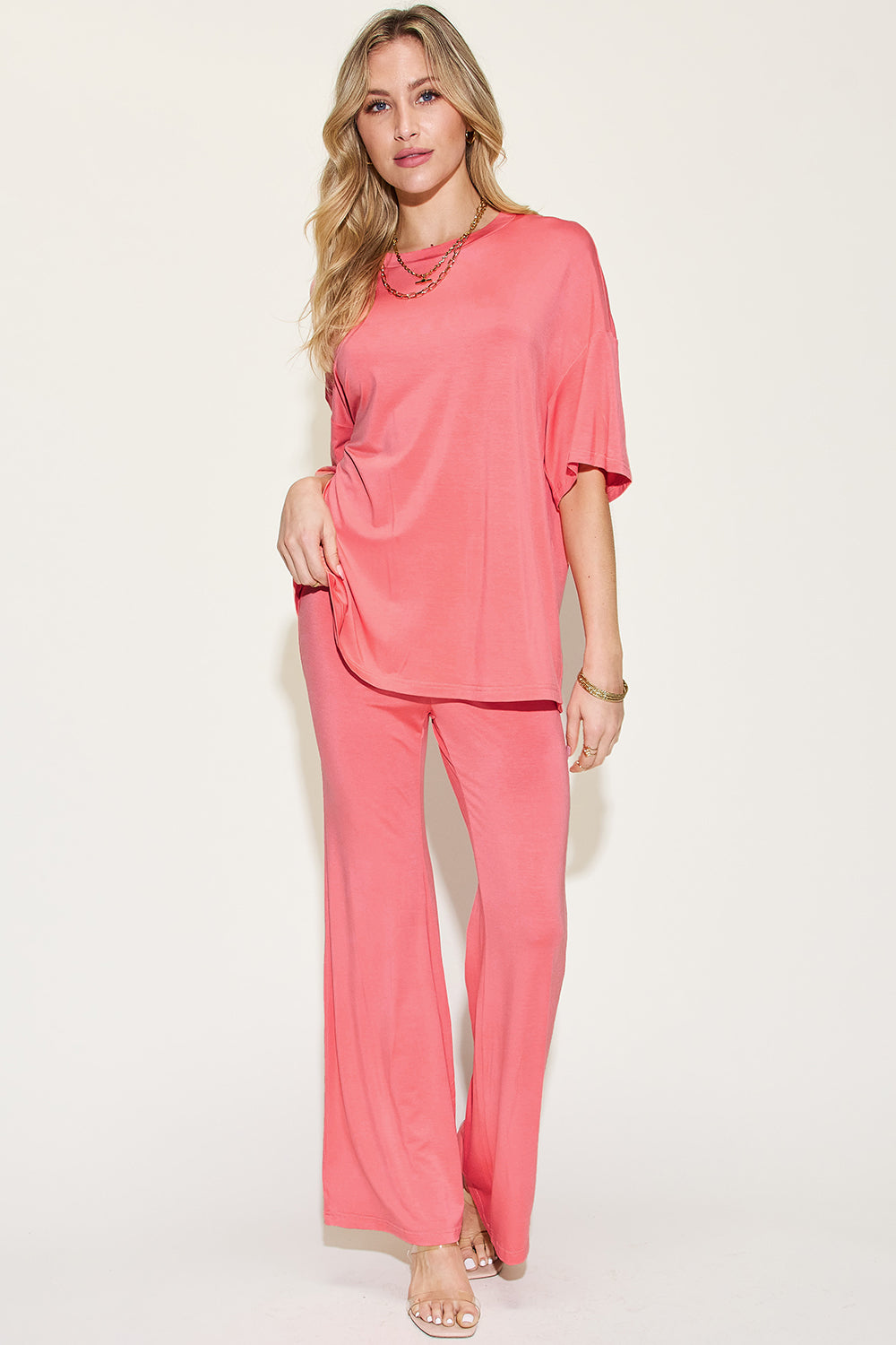 Basic Bae Bamboo Relaxed T-Shirt and Flared Pants Set