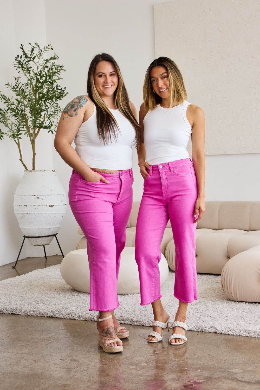 RFM Crop Chloe Tummy Control High Waist Raw Hem Jeans (Pink)