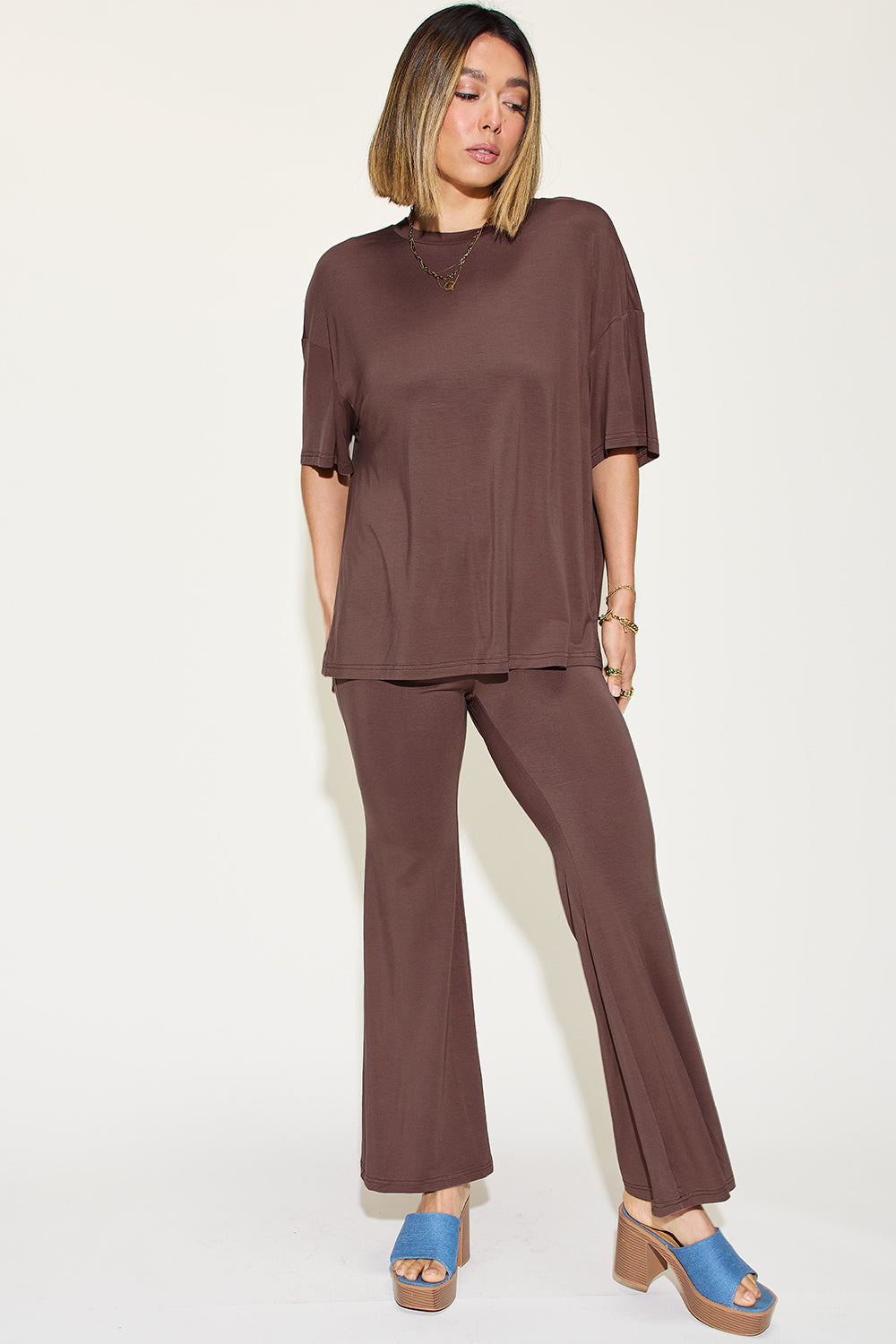 Basic Bae Bamboo Relaxed T-Shirt and Flared Pants Set