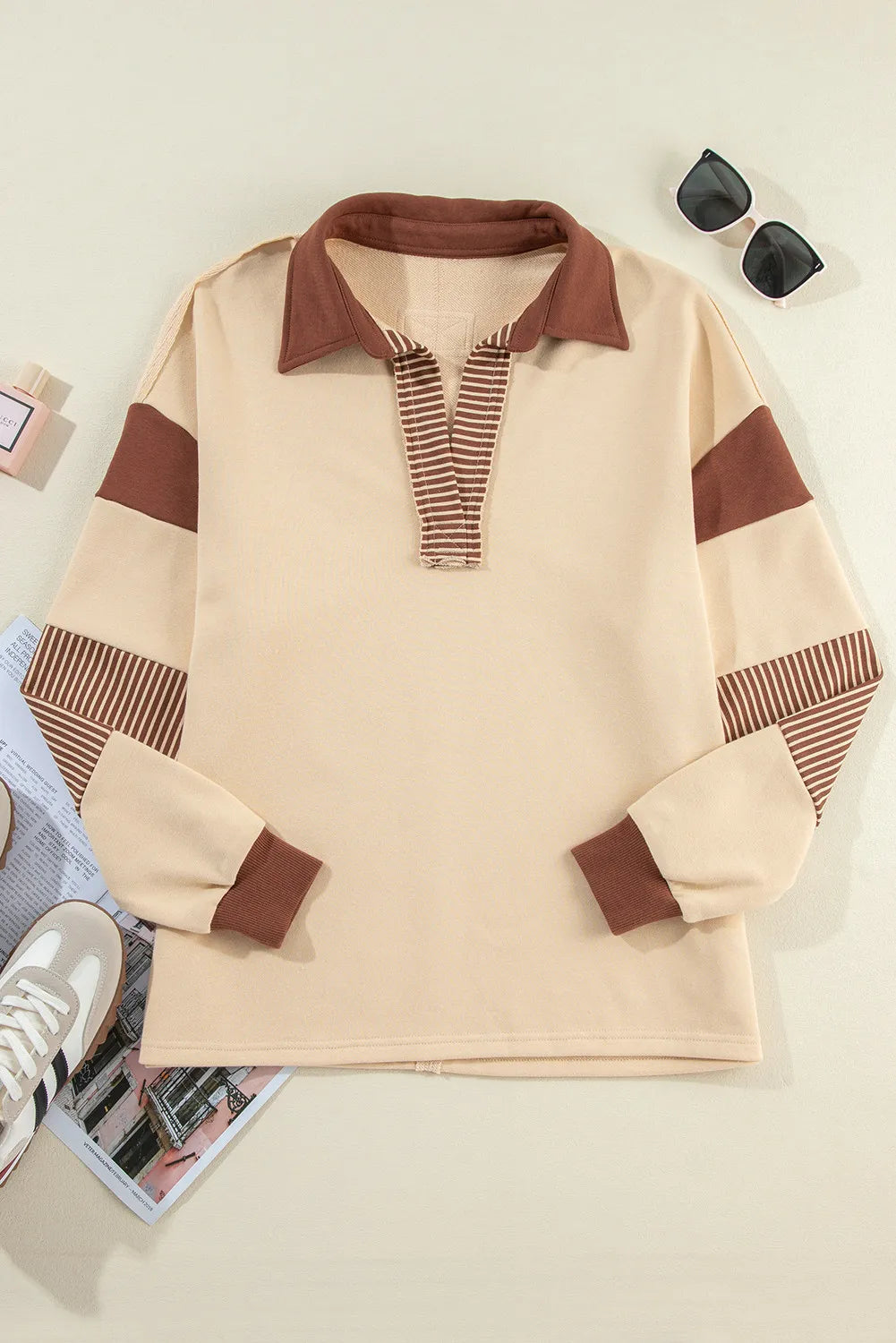 Cozy Vibes Striped V-Neck Sweatshirt