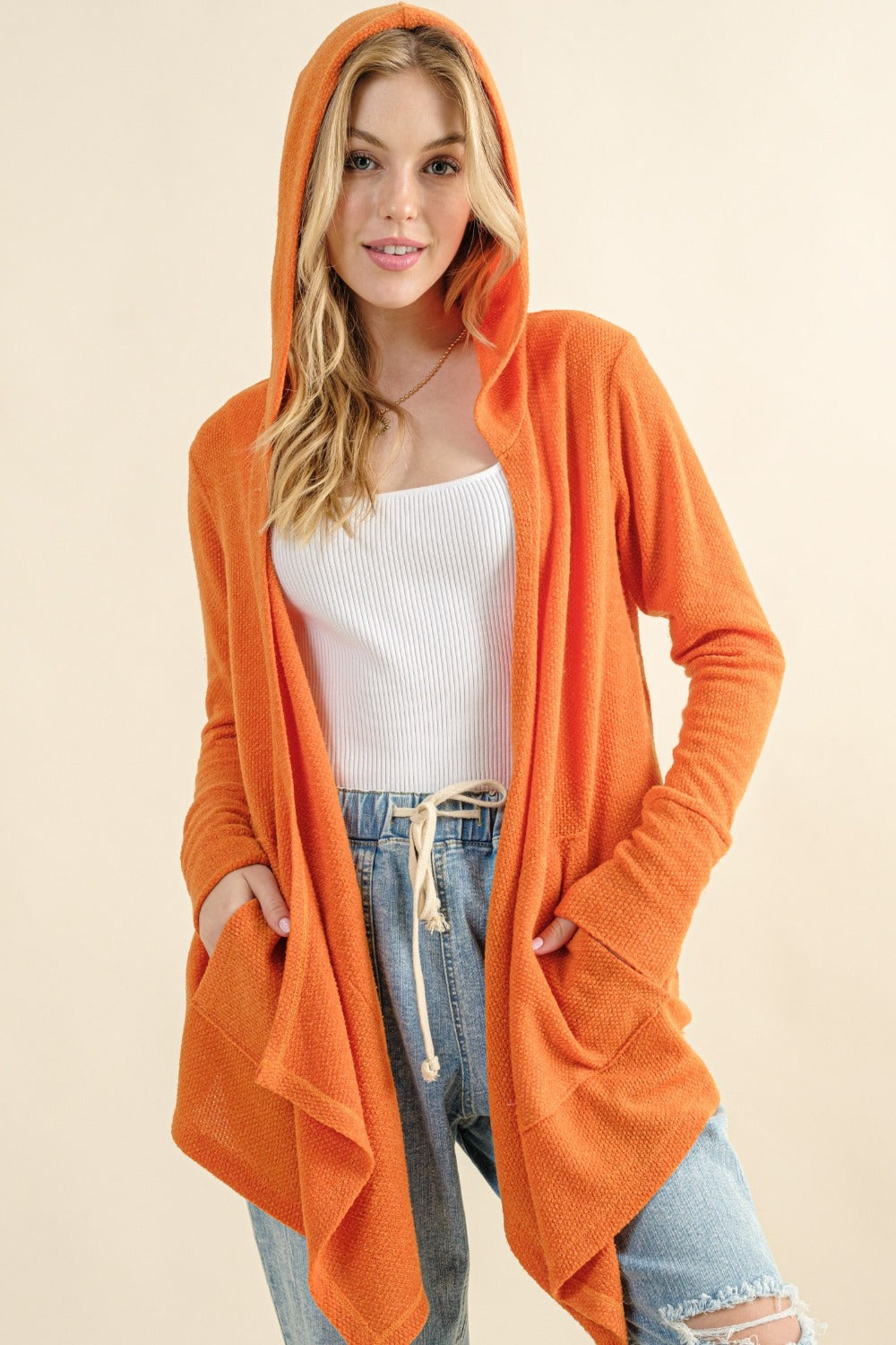 And The Why Full Size Thermal Hooded Open Front Cardigan with Pockets - Dusty Coral