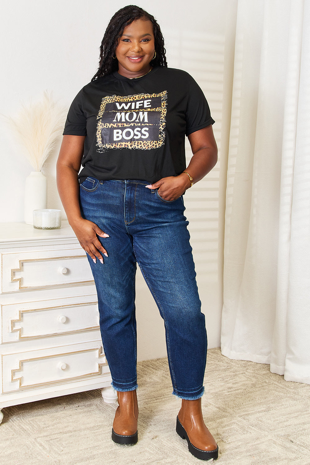 Simply Love Wife Mom Boss Leopard Graphic T-Shirt