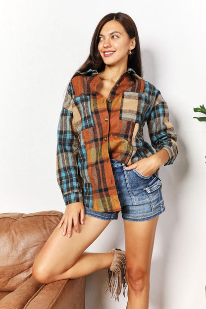 Double Take Plaid Curved Hem Shirt