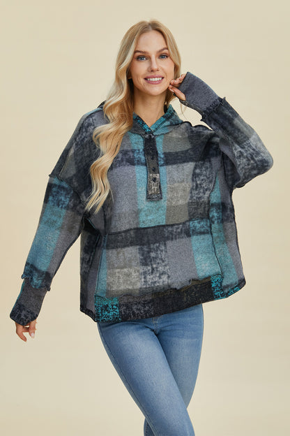 Double Take Plaid Dropped Shoulder Hoodie