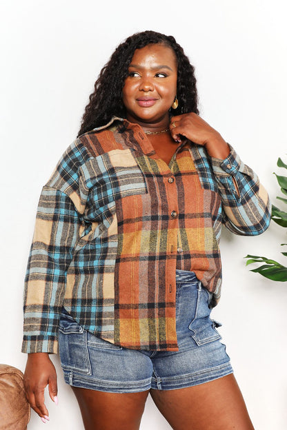 Double Take Plaid Curved Hem Shirt