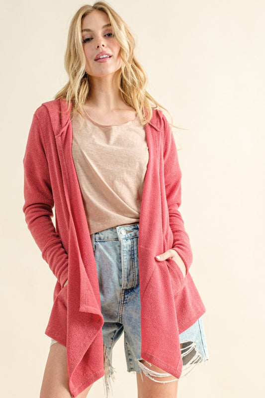 And The Why Full Size Thermal Hooded Open Front Cardigan with Pockets - Rose Pink