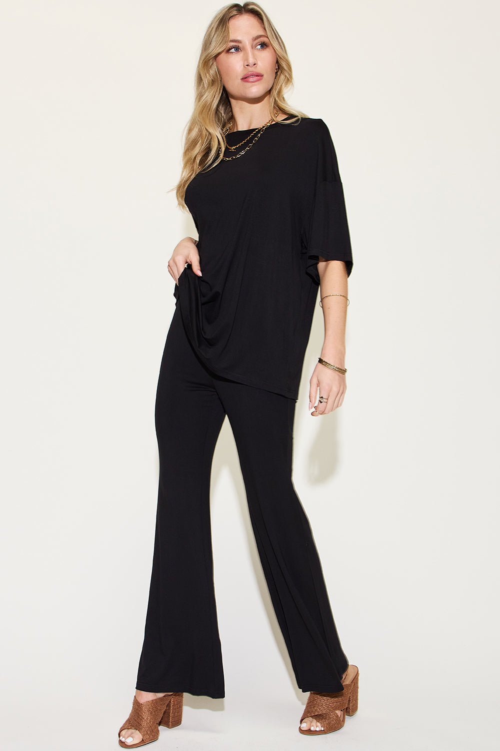 Basic Bae Bamboo Relaxed T-Shirt and Flared Pants Set