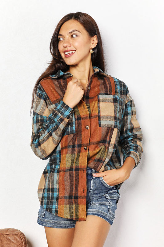 Double Take Plaid Curved Hem Shirt