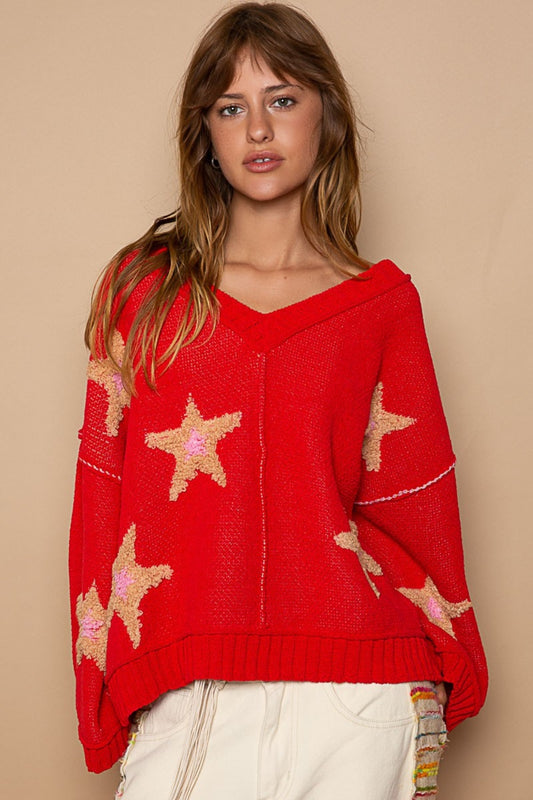 POL Long Sleeve Star Patch Sweater - Red