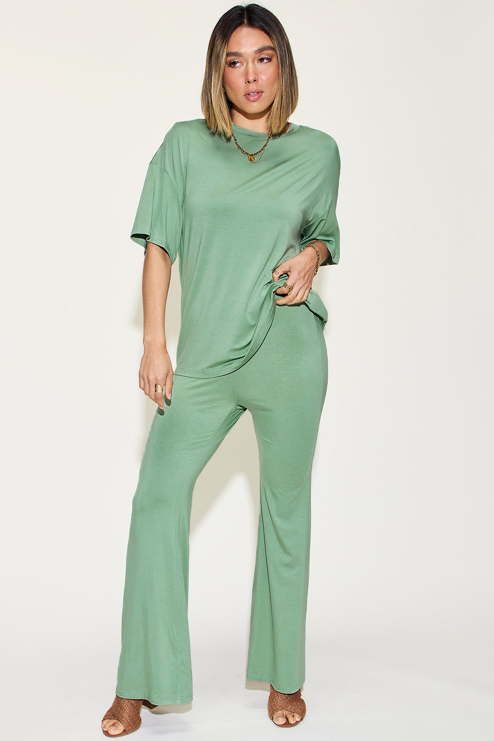 Basic Bae Bamboo Relaxed T-Shirt and Flared Pants Set