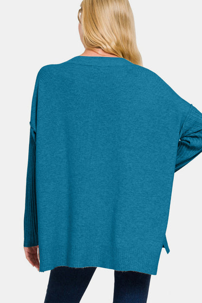 Zenana V-Neck Side Slit High-Low Sweater - Ocean Teal