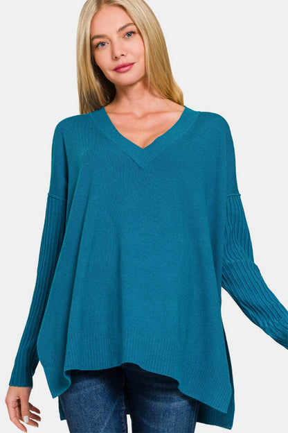 Zenana V-Neck Side Slit High-Low Sweater - Ocean Teal