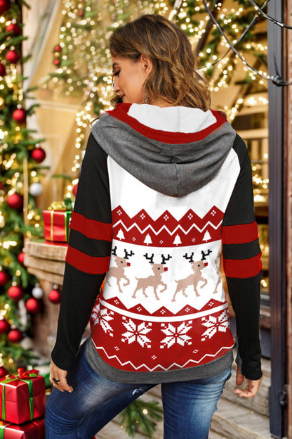 Double Take Holiday Drawstring Long Sleeve Hoodie