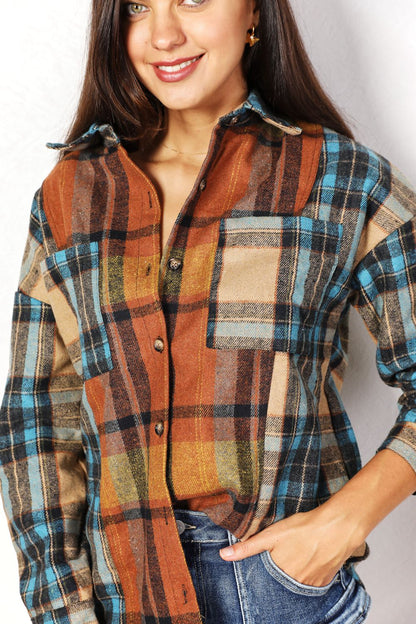 Double Take Plaid Curved Hem Shirt