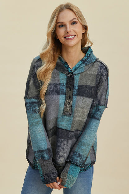 Double Take Plaid Dropped Shoulder Hoodie