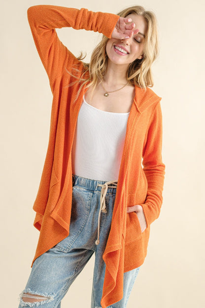 And The Why Full Size Thermal Hooded Open Front Cardigan with Pockets - Dusty Coral