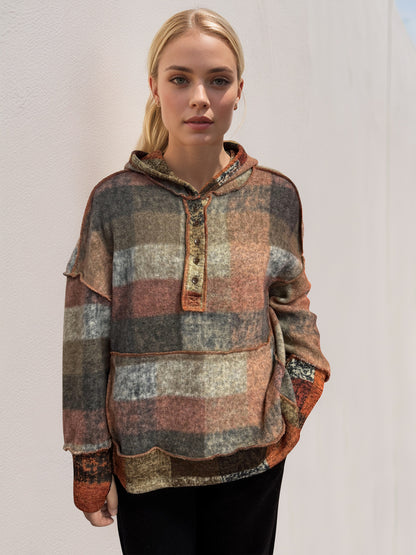 Double Take Plaid Dropped Shoulder Hoodie