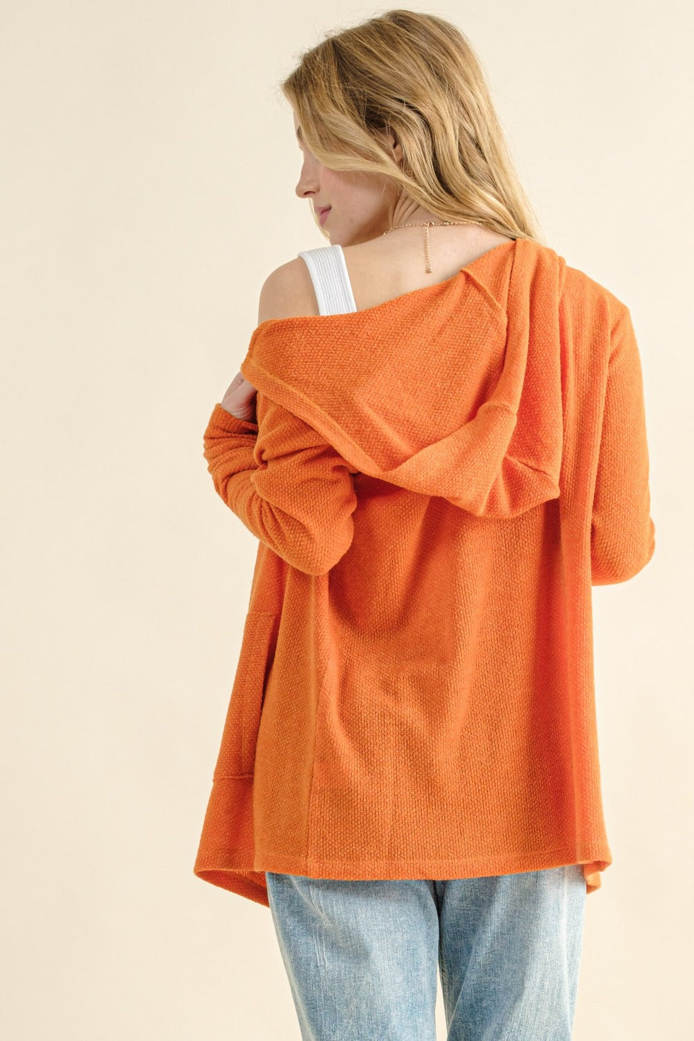 And The Why Full Size Thermal Hooded Open Front Cardigan with Pockets - Dusty Coral