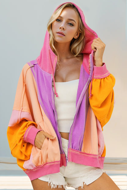 Double Take Color Block Zip Up Hoodie