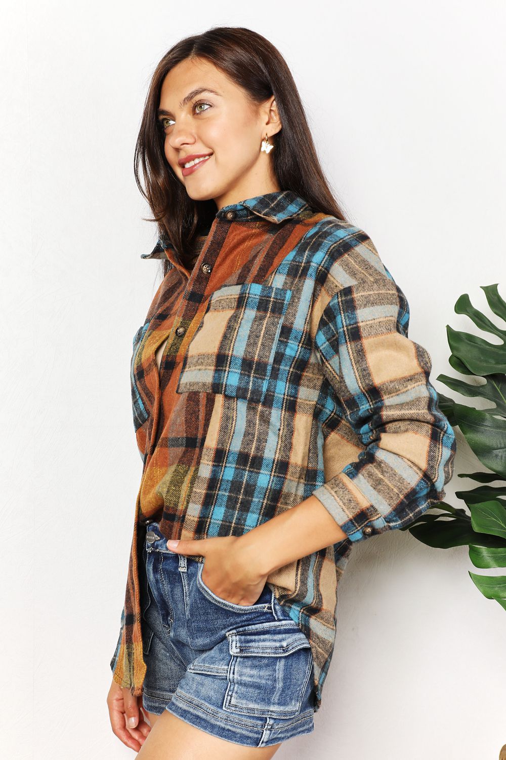 Double Take Plaid Curved Hem Shirt