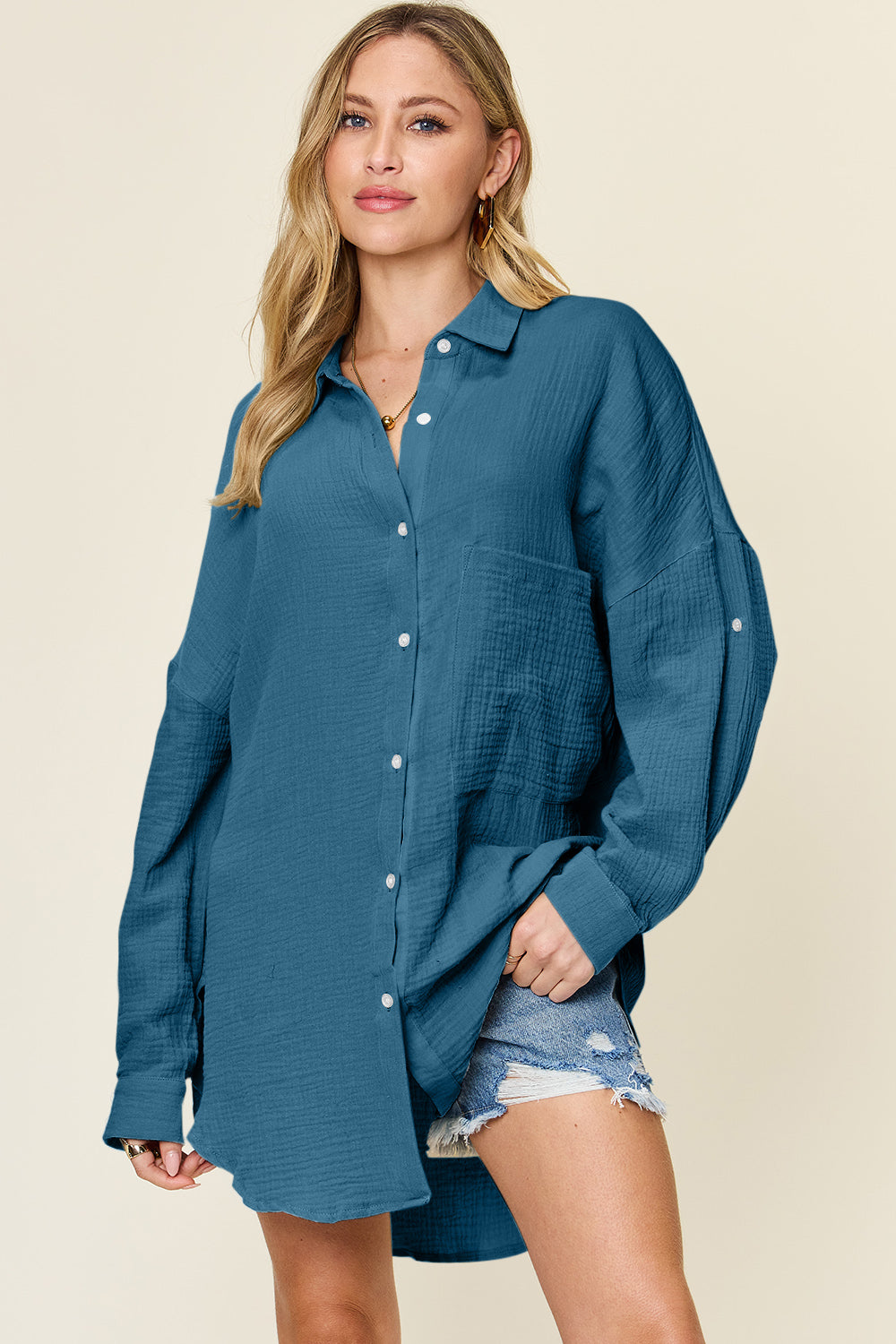 Double Take Pocketed Texture Button Up Shirt