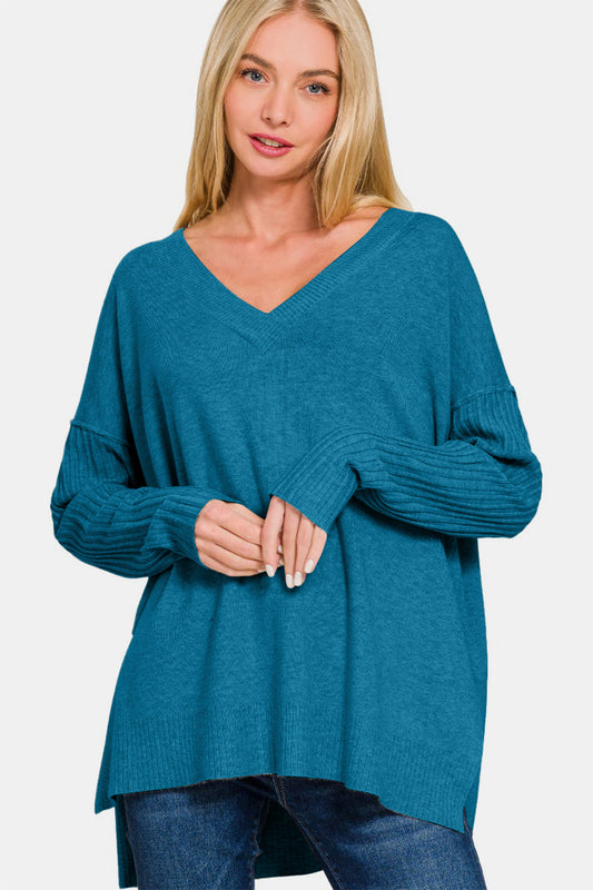 Zenana V-Neck Side Slit High-Low Sweater - Ocean Teal