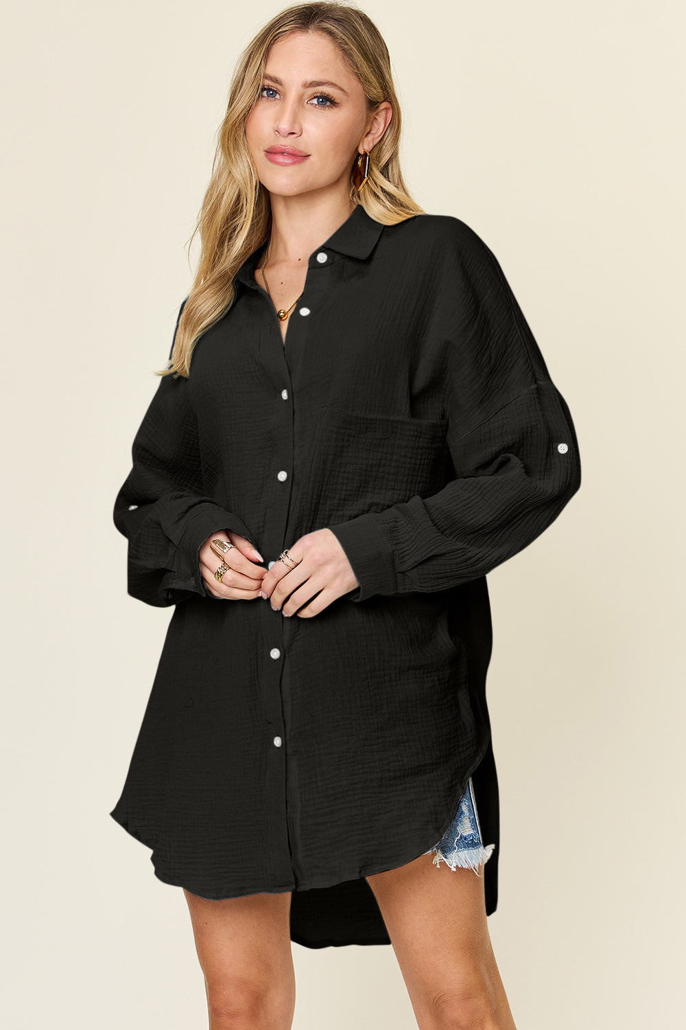 Double Take Pocketed Texture Button Up Shirt