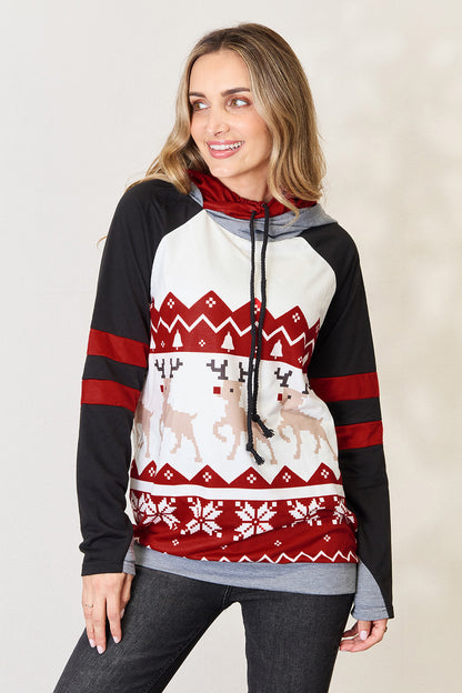 Double Take Holiday Drawstring Long Sleeve Hoodie