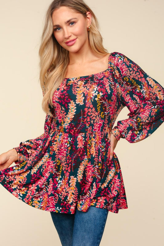 Haptics Peplum Berry Floral Square Neck Blouse