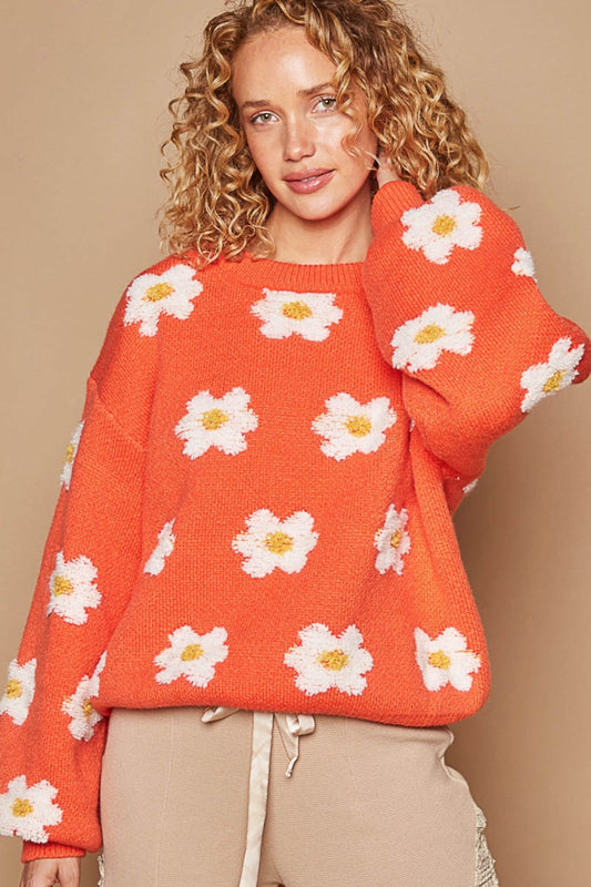 POL Daisy Pattern Drop Shoulder Sweater - Sun Orange