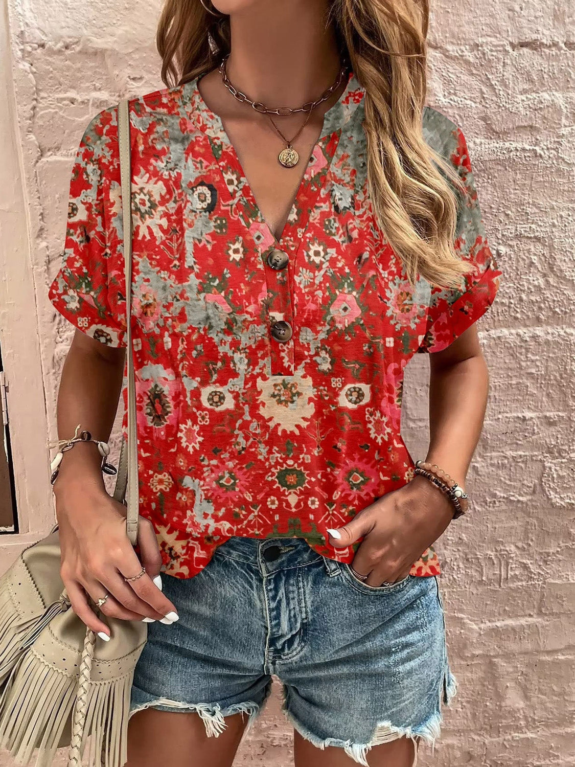 Printed Notched Short Sleeve Blouse