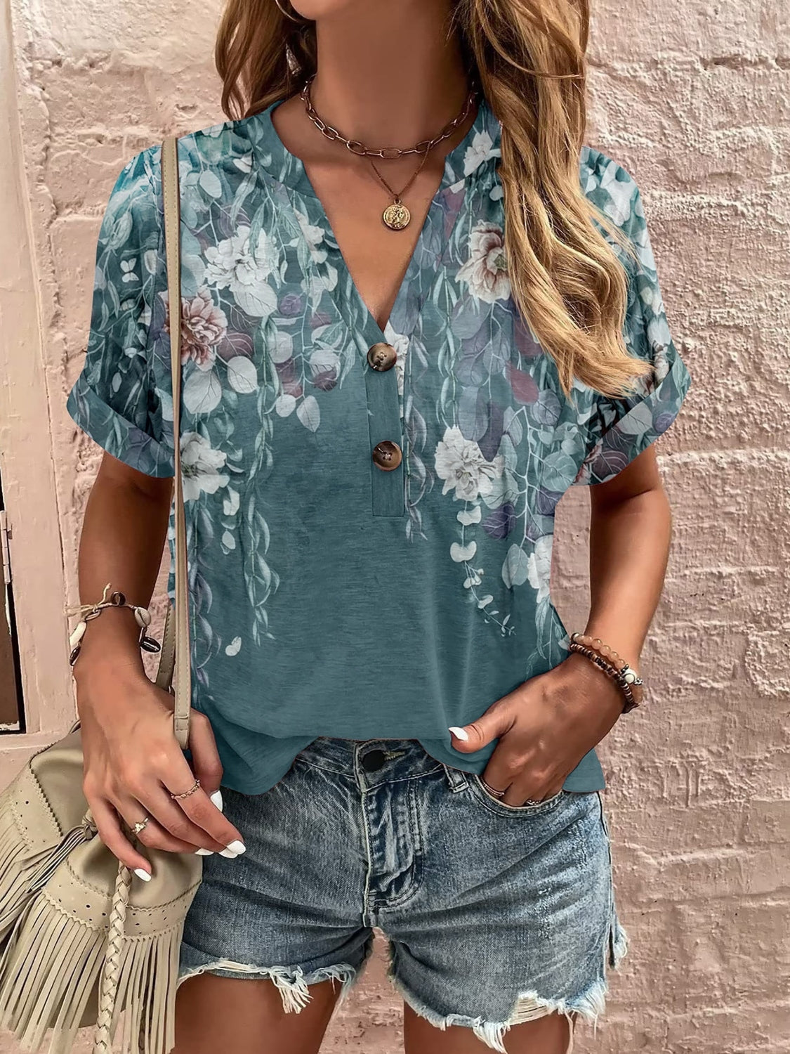 Printed Notched Short Sleeve Blouse