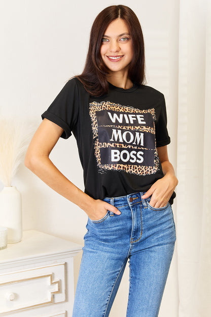 Simply Love Wife Mom Boss Leopard Graphic T-Shirt