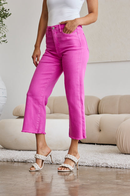 RFM Crop Chloe Full Size Tummy Control High Waist Raw Hem Jeans - Pink Rouge