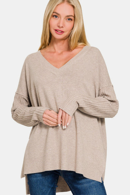 Zenana V-Neck Side Slit High-Low Sweater - Mocha