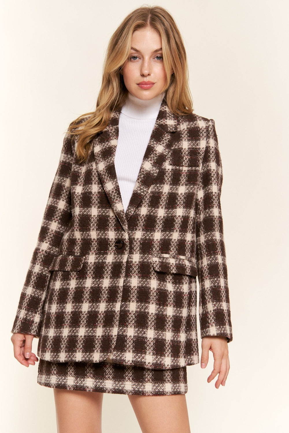 And The Why Full Size Brushed Plaid One Button Blazer