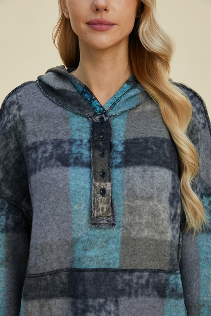 Double Take Plaid Dropped Shoulder Hoodie