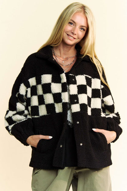 Davi & Dani Checkered Snap Down Faux Fur Jacket