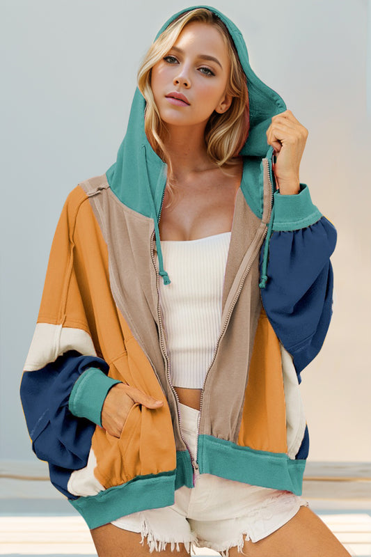 Double Take Color Block Zip Up Hoodie