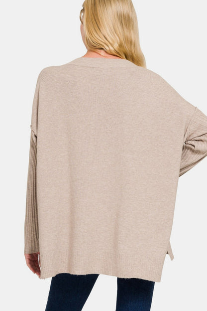 Zenana V-Neck Side Slit High-Low Sweater - Mocha