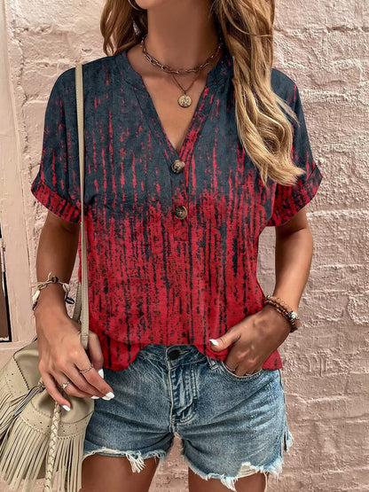 Printed Notched Short Sleeve Blouse