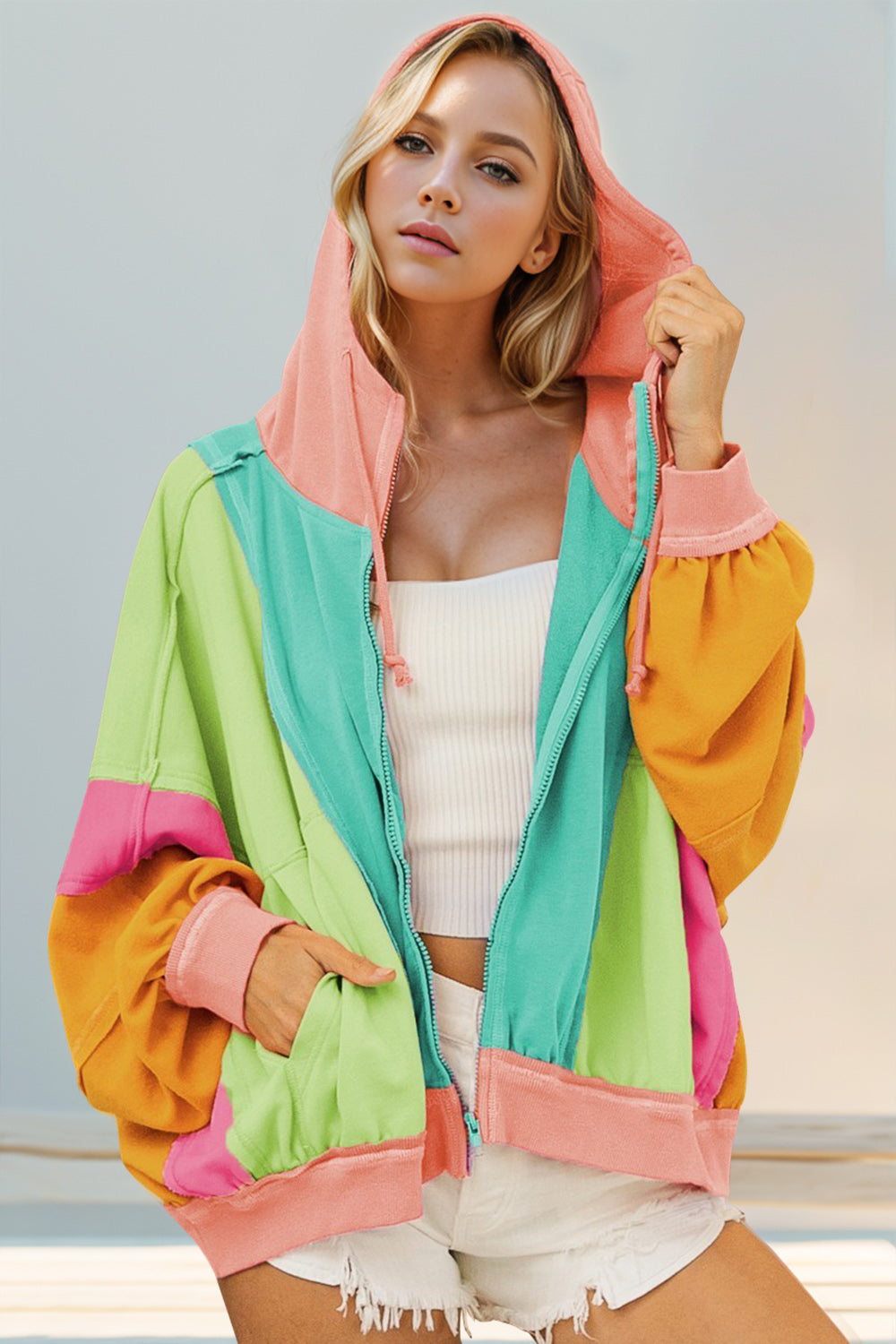 Double Take Color Block Zip Up Hoodie